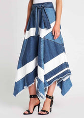 Blaue asymmetrische Patchwork-Jeansröcke in A-Linie